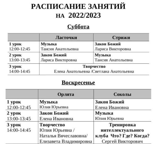 Расписание занятий в Воскресной школе 